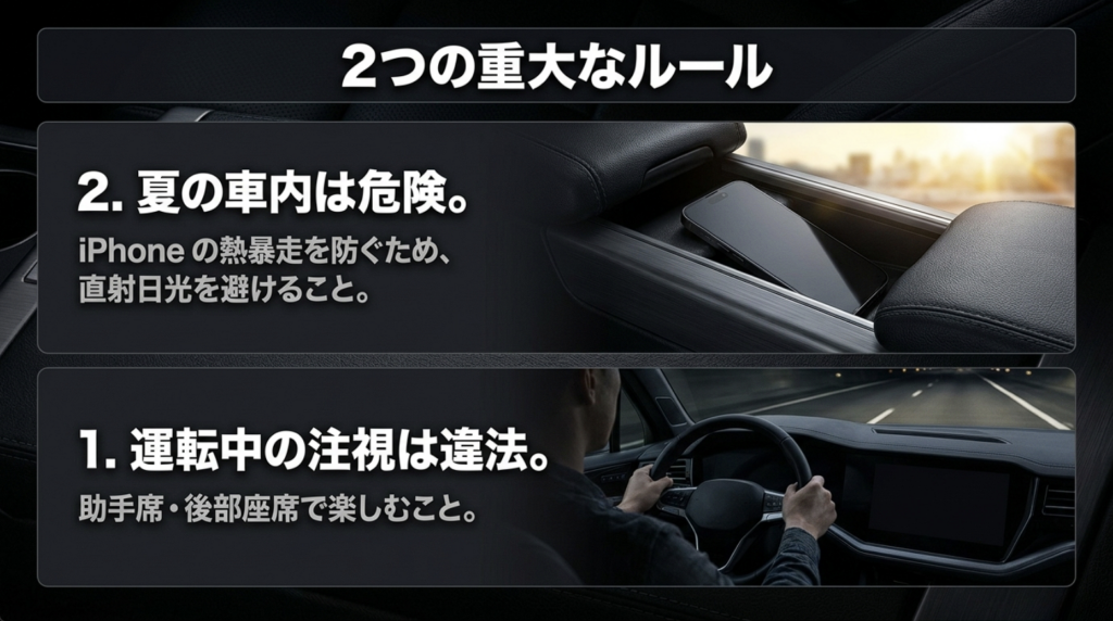 車でNetflixを見る際の運転中の注視禁止と夏場のiPhone高温対策