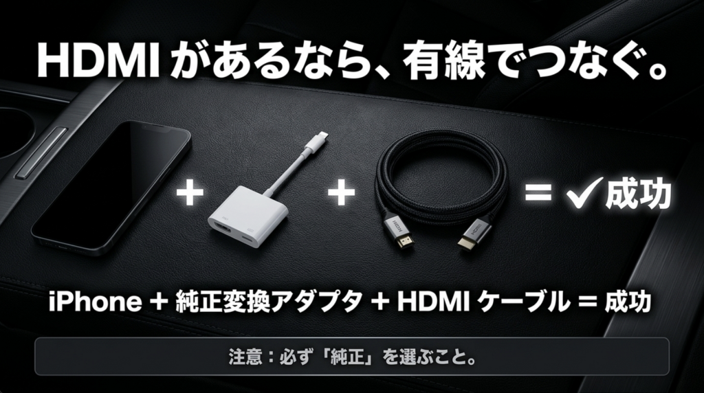 iPhoneと純正変換アダプタ、HDMIケーブルを使ってNetflixを車へ有線接続する構成