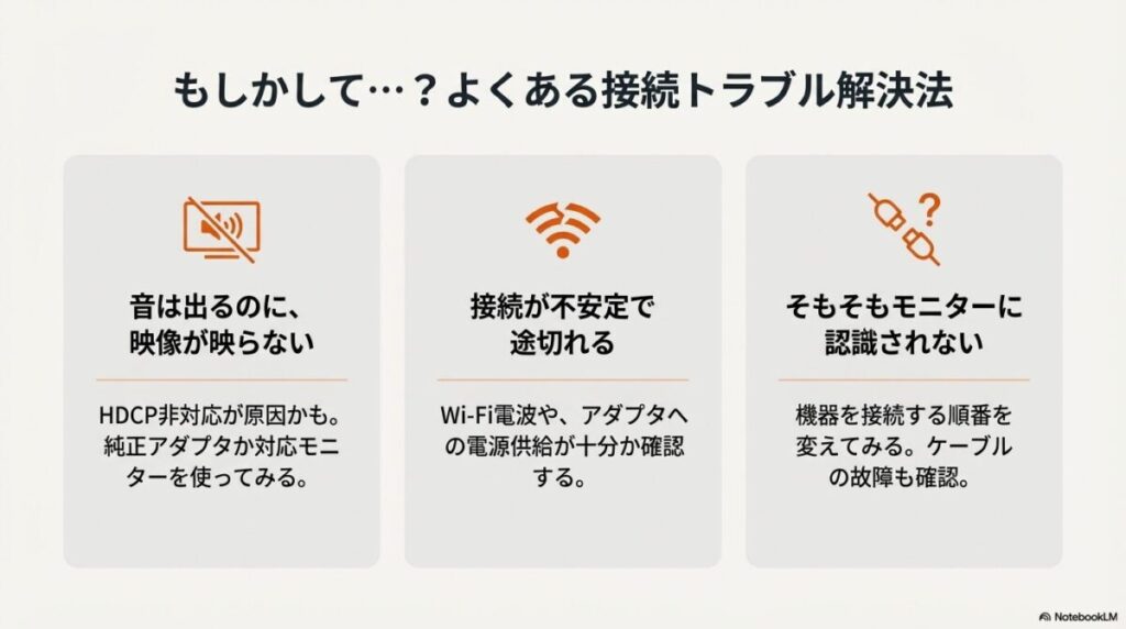 映像が映らない、接続が不安定、認識されないといった、よくある接続トラブルの解決策リスト。