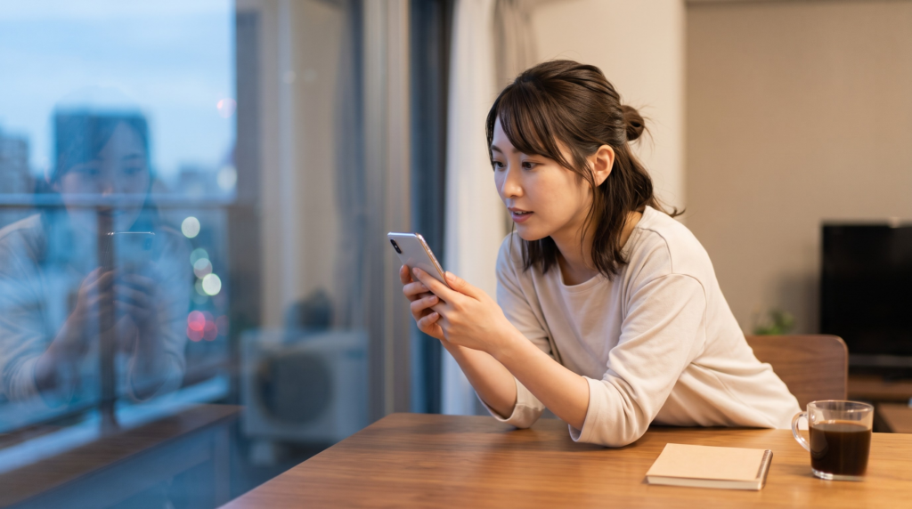 スマホに届いたU-NEXTからのリトライキャンペーンメールを見る日本人女性