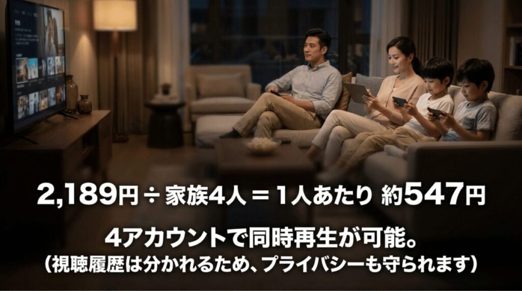 U-NEXTを家族4人で共有すると、1人あたり約547円になり、4アカウント同時再生と視聴履歴の分離が可能であることを示す図