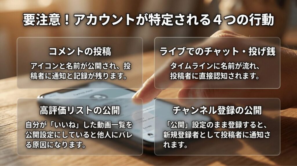 コメント投稿、ライブチャットや投げ銭、高評価リストの公開、チャンネル登録の公開がアカウント特定につながると示すスライド