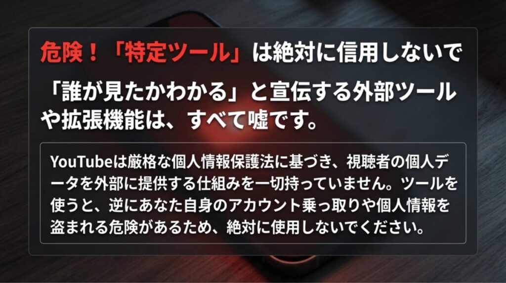 YouTubeで誰が見たかわかると宣伝する外部ツールや拡張機能は危険で、個人情報流出やアカウント乗っ取りの恐れがあると警告するスライド