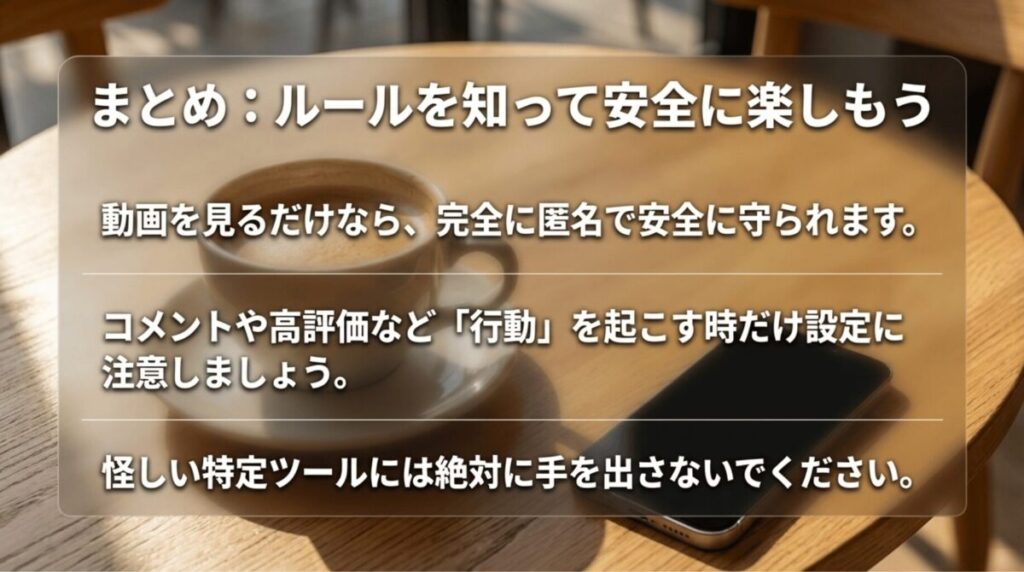 YouTubeは動画を見るだけなら匿名で安全だが、コメントや高評価などの行動時と怪しい特定ツールには注意が必要だとまとめたスライド