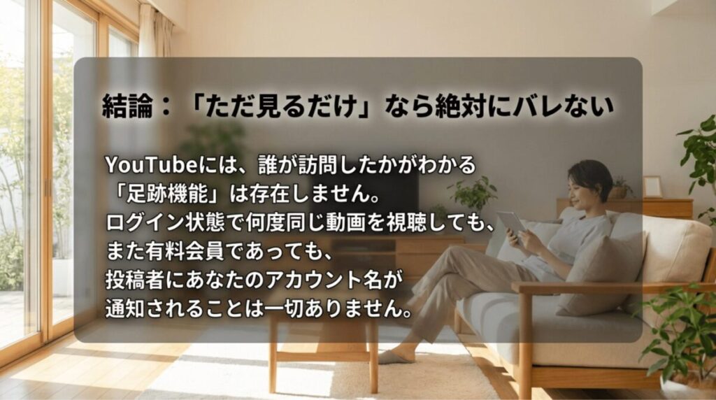 YouTubeには足跡機能がなく、ログイン視聴や有料会員視聴でも投稿者にアカウント名は通知されないことを説明するスライド