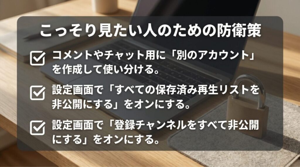 別アカウントの使い分け、保存済み再生リストの非公開、登録チャンネルの非公開という3つの防衛策をまとめたスライド