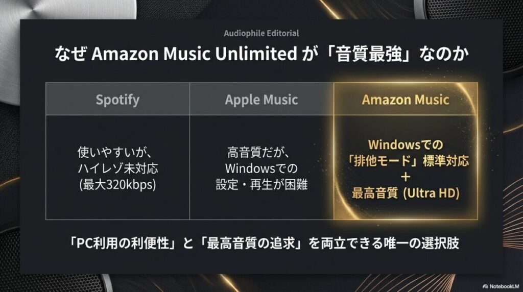 Amazon Music UnlimitedとApple Music、Spotifyの音質やWindows排他モード対応状況を比較した表