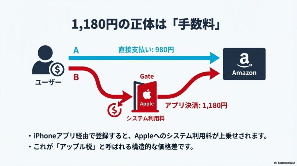 ユーザーからAmazonへの直接支払いは980円だが、Apple経由のアプリ決済ではシステム利用料が加算され1,180円になる仕組みを図解した図。