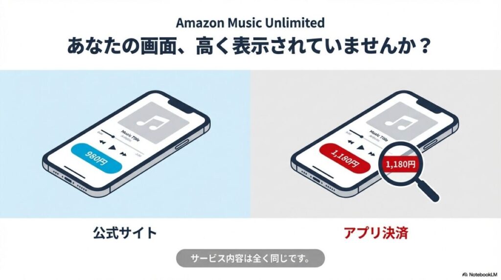 Amazon Music Unlimitedの登録画面で、公式サイトの980円とアプリ決済の1,180円の価格差を比較しているイラスト。