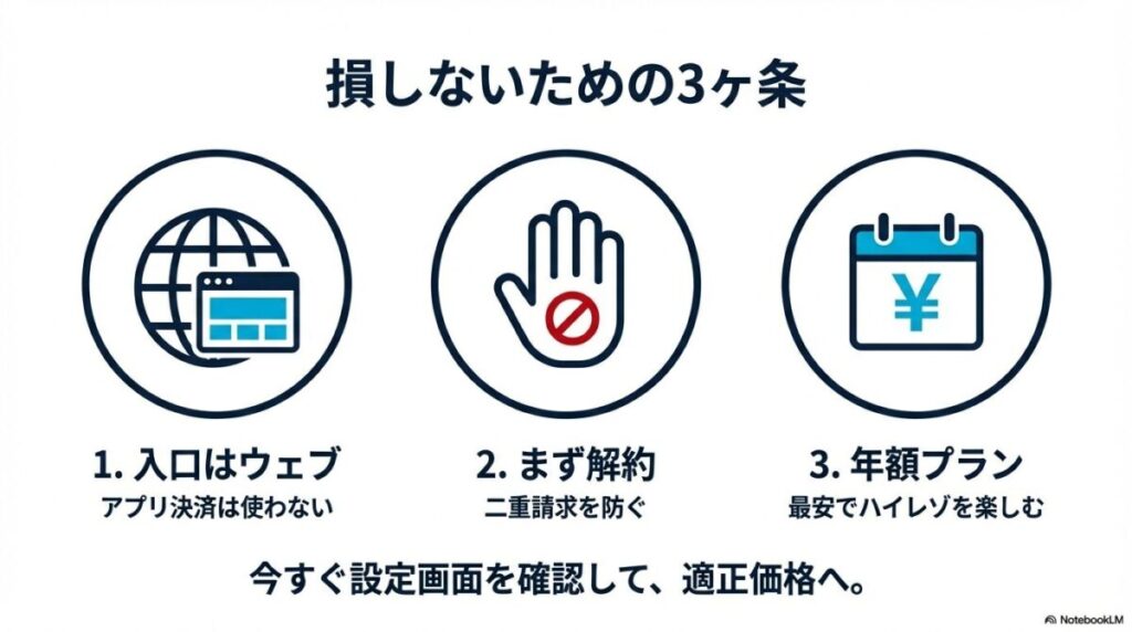 損をしないための3ヶ条として、入り口はウェブ、二重請求を防ぐためにまず解約、最安の年額プランの活用を挙げたまとめ画像。