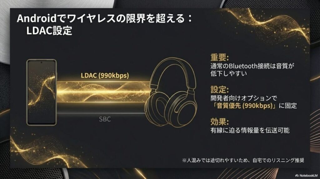 AndroidスマホでBluetooth接続の限界を超えるLDAC「音質優先(990kbps)」設定のメリット