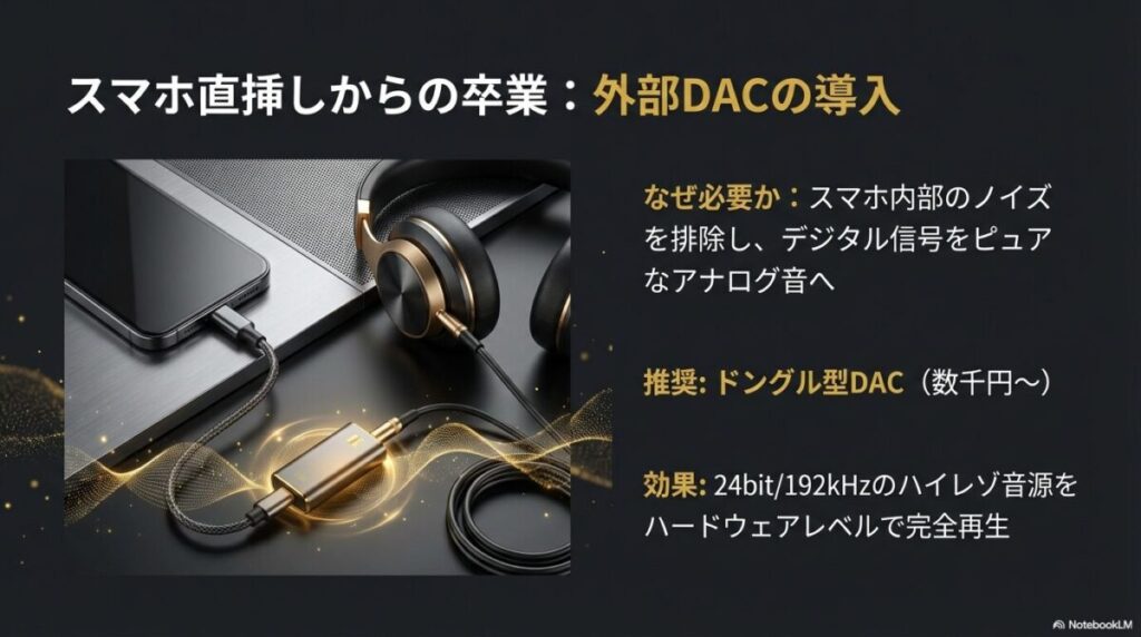 スマホやPCに外部DAC(ドングル型DAC)を接続して、ノイズを排除し24bit/192kHzを完全再生するイメージ