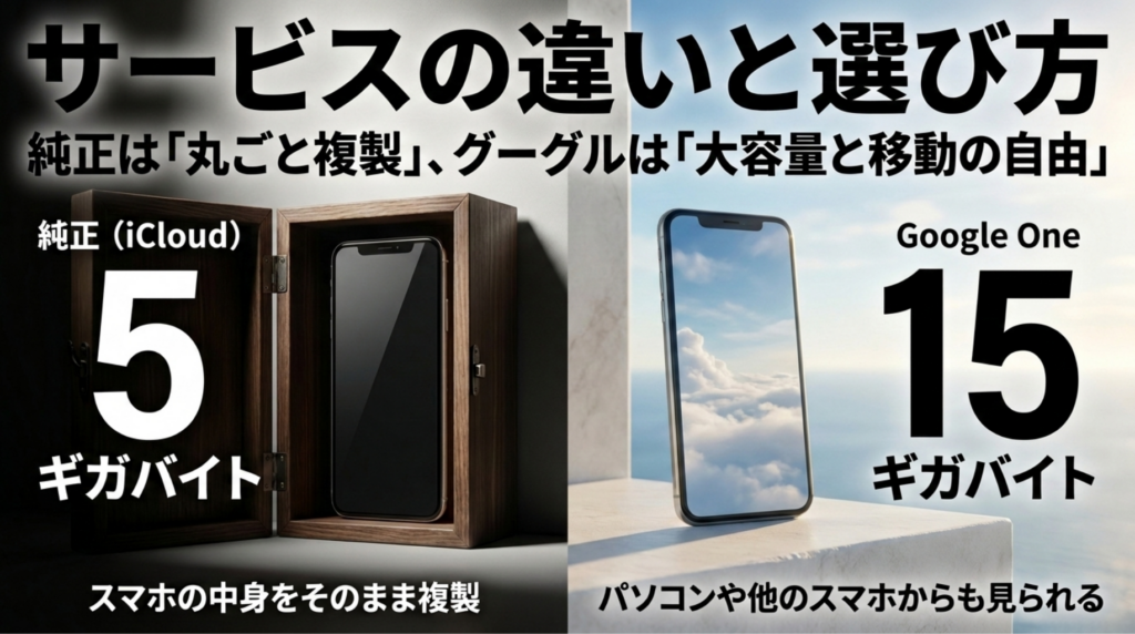 iCloudの無料5GBとGoogle Oneの無料15GBを比較し、iPhoneバックアップの設計思想の違いを説明するスライド