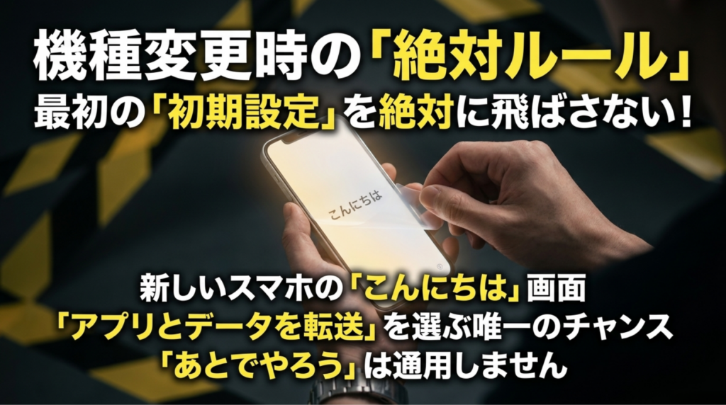 新しいiPhoneの初期設定でアプリとデータを転送を選ぶ必要があり、後回しにできないことを警告するスライド