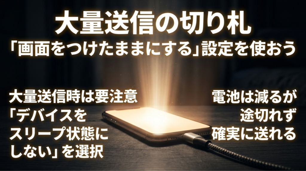 iPhoneの画面をつけたままにして、Googleフォトの大量バックアップを確実に進める方法を説明するスライド