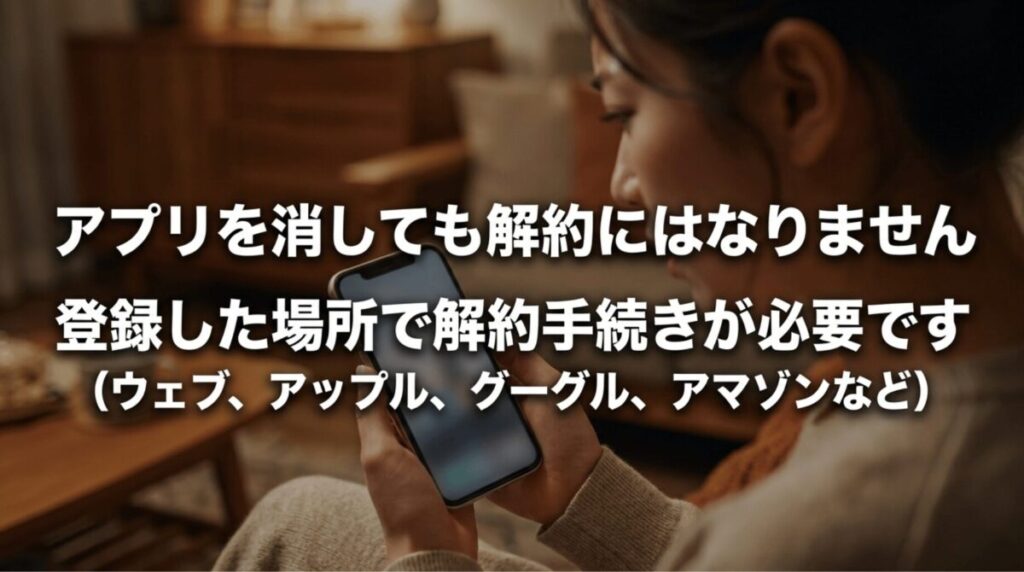 Huluアプリを削除しても解約にはならず、登録した窓口で解約手続きが必要なことを説明するスライド