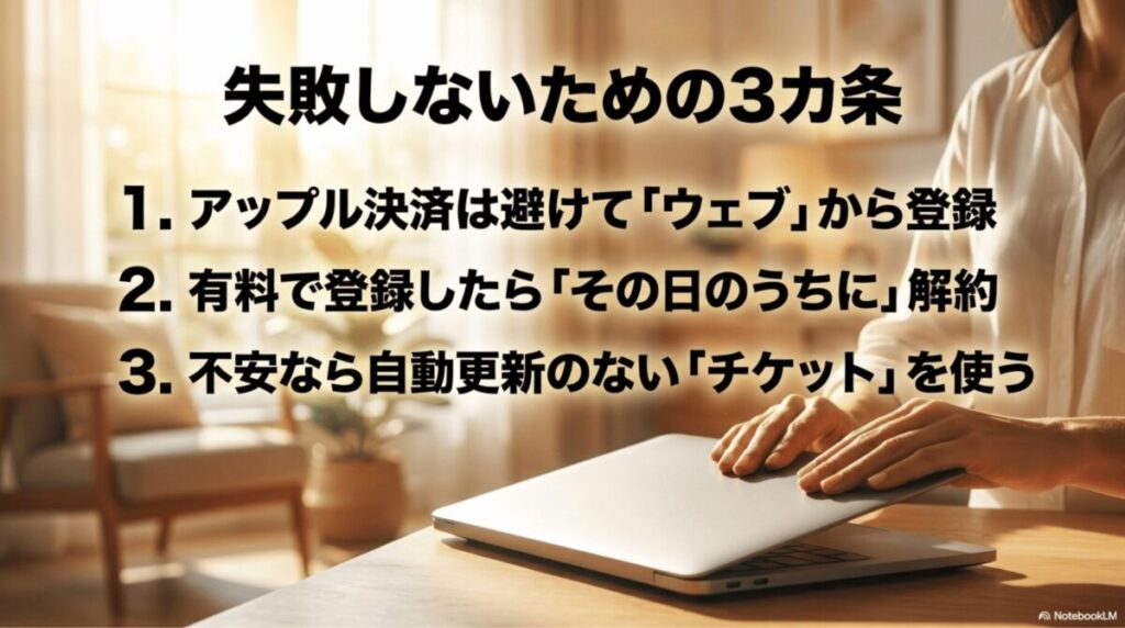 Apple決済を避けてウェブから登録し、有料登録後は即解約、不安な場合はHuluチケットを使うという3つの対策をまとめたスライド