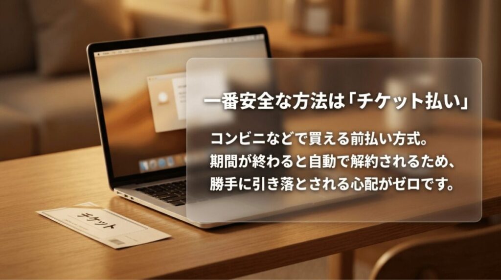 Huluチケットは前払い式で、期間終了後に自動で視聴不可になるため追加請求を防ぎやすいことを説明するスライド