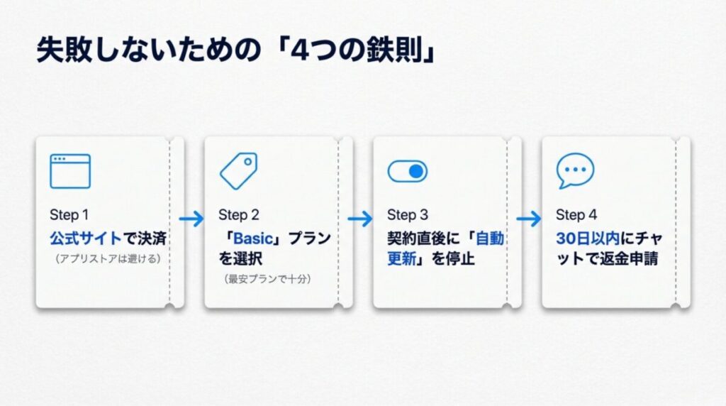NordVPNを1ヶ月だけ使う際の4つの鉄則を示す図。公式サイトで決済、Basicプラン選択、契約直後に自動更新停止、30日以内に返金申請の流れをまとめている。