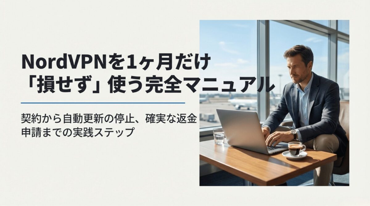 NordVPNを1ヶ月だけ損せず使う方法を解説する表紙スライド。契約から自動更新停止、返金申請までの実践手順を案内している。