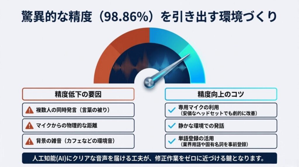 精度低下の要因（雑音や距離）と、向上させるコツ（専用マイク、単語登録、静かな環境）のまとめ。
