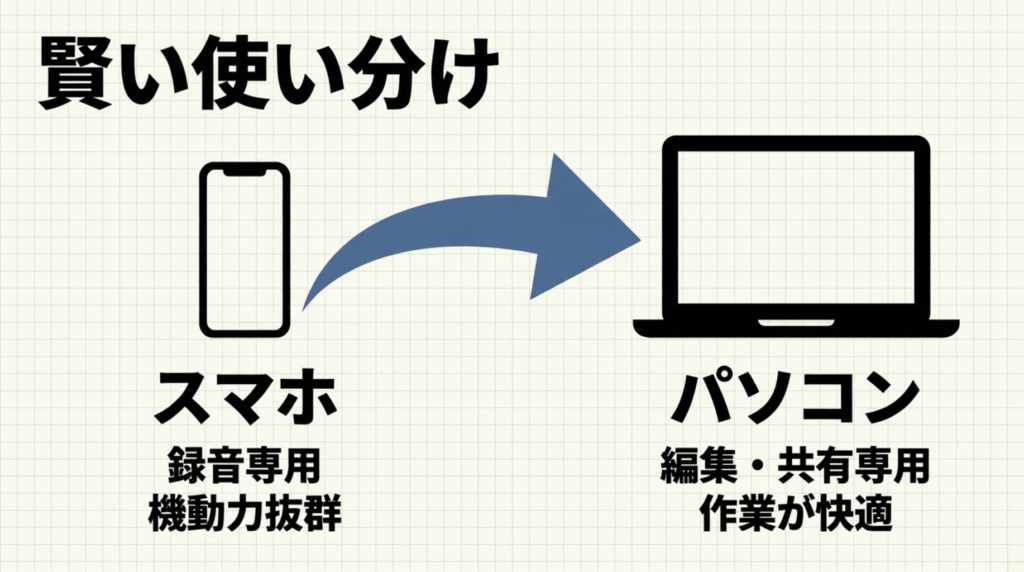 Nottaはスマホで録音し、PCで編集や共有を行う使い分けが便利であることを示すスライド
