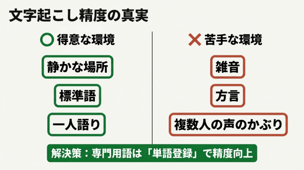 Nottaの文字起こしは静かな場所や標準語、一人語りに強く、雑音や方言、声のかぶりには注意が必要なことを示すスライド