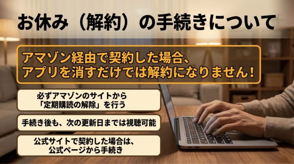 Amazon経由でWOWOWを契約した場合は、アプリ削除ではなくAmazonサイトから定期購読を解除する必要があることを説明したスライド