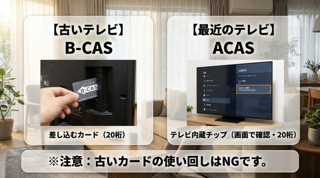 古いテレビのB-CASカード方式と最近のテレビのACAS内蔵方式を比較した図