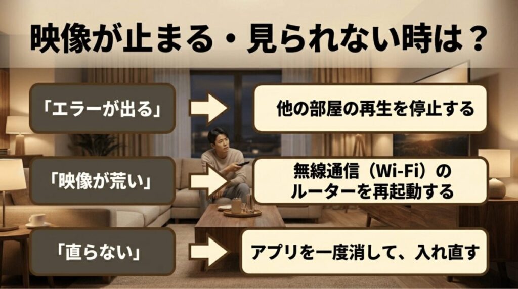 エラーが出る、映像が荒い、直らない場合に、他端末の再生停止、Wi-Fiルーター再起動、アプリ再インストールを案内するスライド