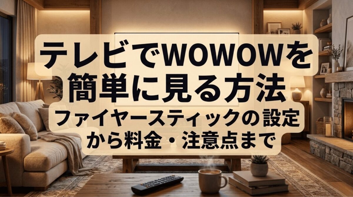 リビングのテレビでWOWOWを楽しむイメージと、ファイヤースティックの設定・料金・注意点を案内するスライド