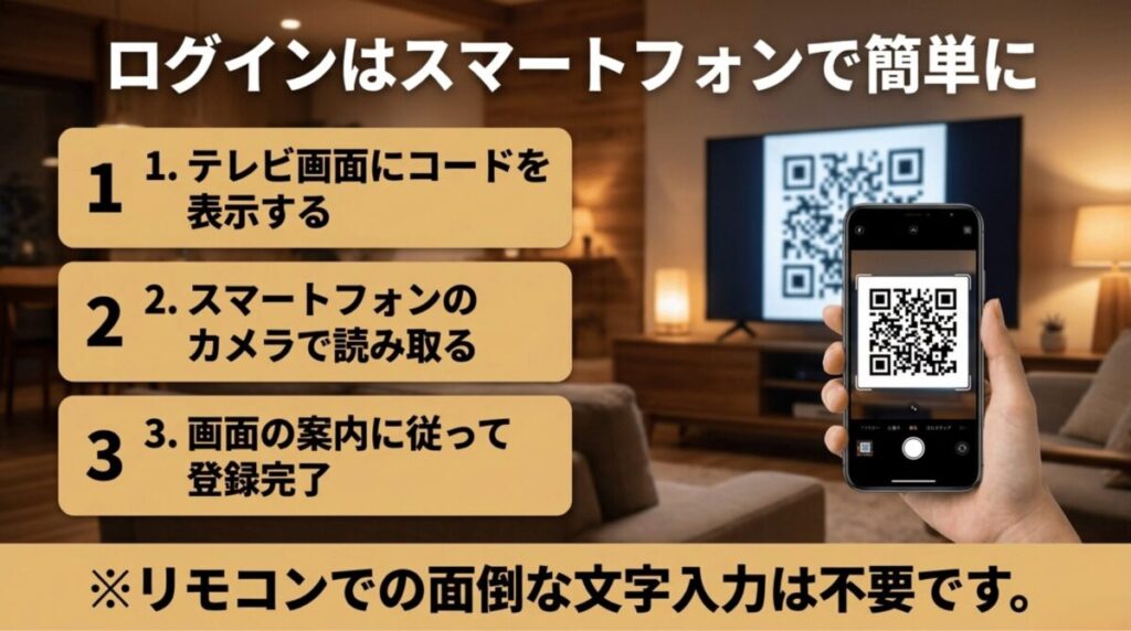 テレビ画面のQRコードをスマートフォンで読み取り、リモコン入力なしでWOWOWにログインする流れを説明したスライド
