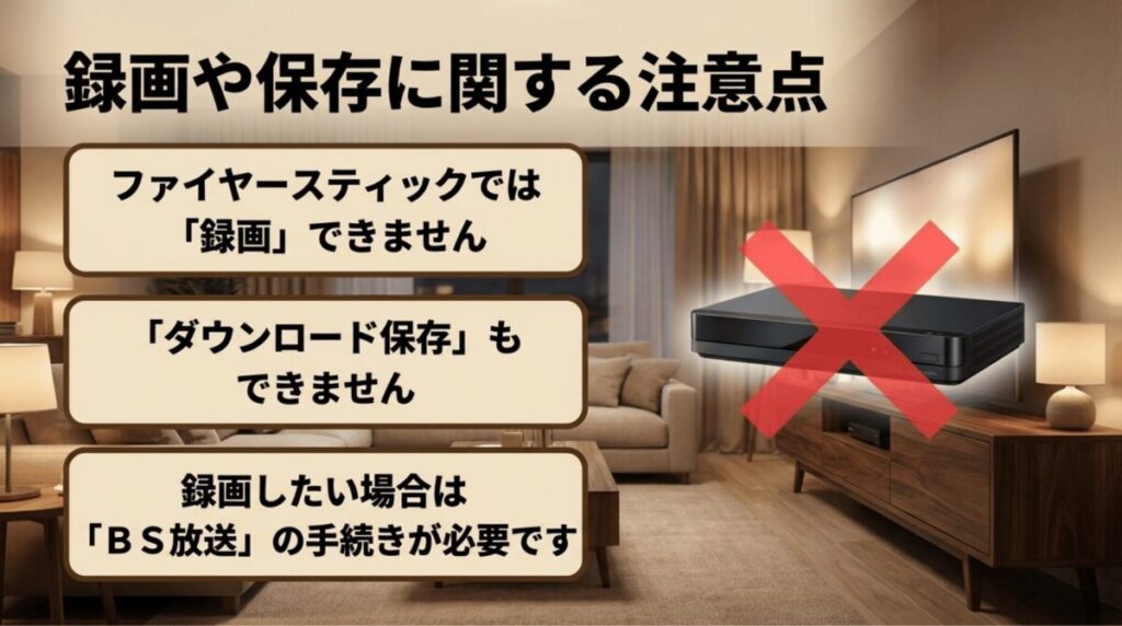 ファイヤースティックではWOWOWオンデマンドの録画やダウンロード保存ができず、録画にはBS放送の手続きが必要なことを説明したスライド
