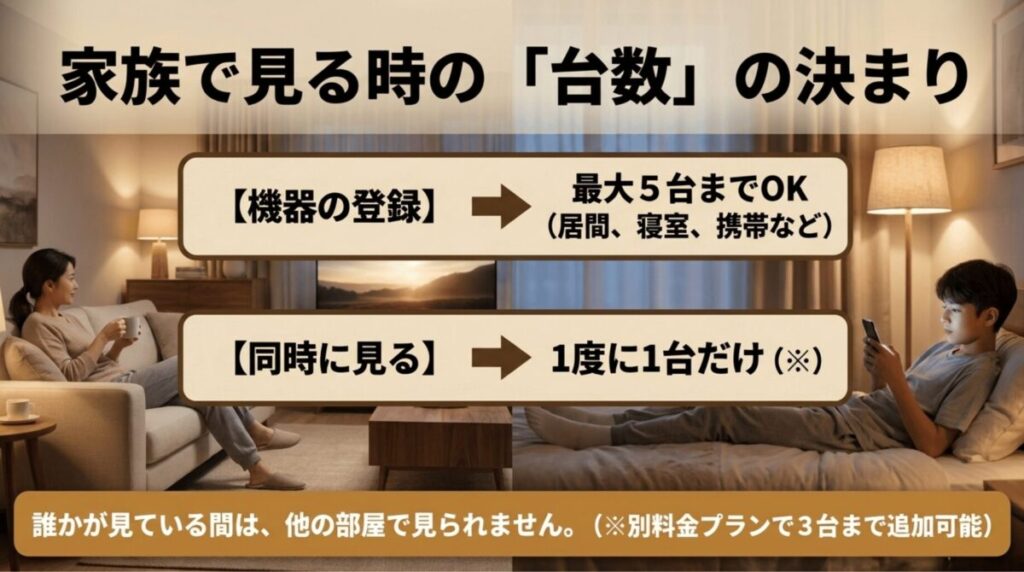 WOWOWでは機器登録は最大5台まで可能だが、標準プランでは同時視聴は1台のみであることを説明したスライド