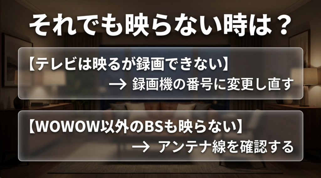 テレビは映るが録画できない場合は録画機の番号、WOWOW以外のBSも映らない場合はアンテナ線を確認する図