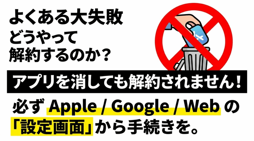 Nottaのアプリを削除しても解約にはならず、Apple、Google、Webの設定画面から手続きが必要であることを説明する画像