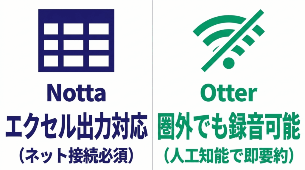 NottaはExcel出力に対応する一方でネット接続が必要、Otterは圏外でも録音できAI要約に強いことを示すスライド