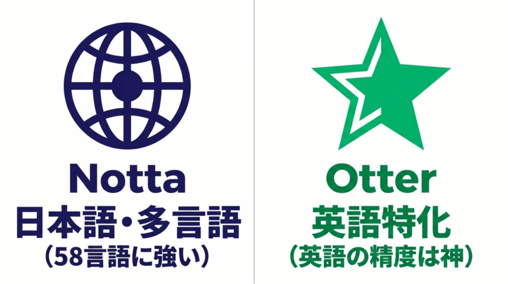 Nottaの日本語と多言語対応、Otterの英語特化という違いを示した比較スライド