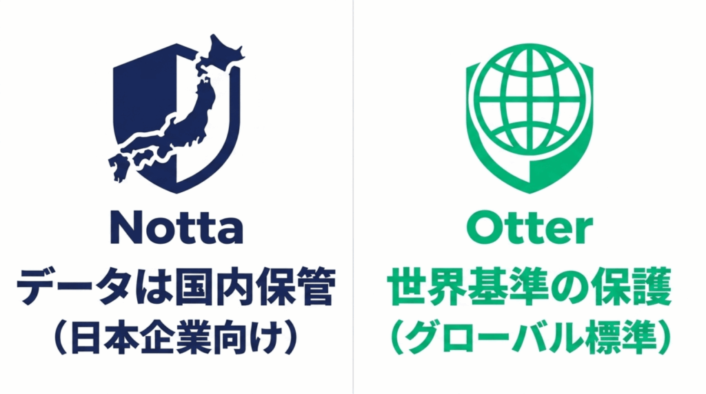 Nottaはデータを国内保管し日本企業向け、Otterは世界基準の保護を打ち出すセキュリティ比較スライド