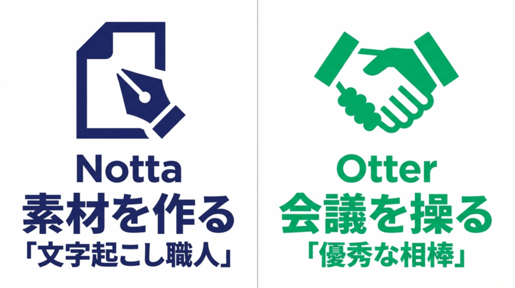 Nottaは文字起こし素材を作る職人、Otterは会議を支える相棒として特徴を比較したスライド
