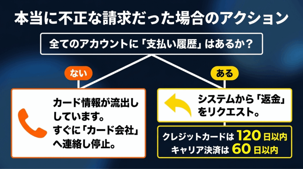 Google Oneの不正請求が疑われる場合に、支払い履歴の有無を確認し、カード会社への連絡や返金リクエストを行う流れを示した図