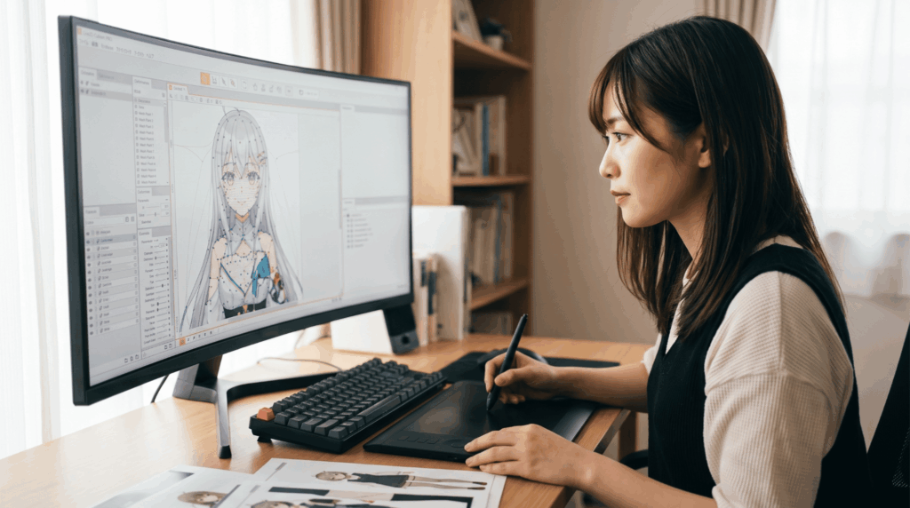 PCでLive2D Cubism PROを使い複雑なキャラクターモデルを制作する日本人クリエイターの様子。