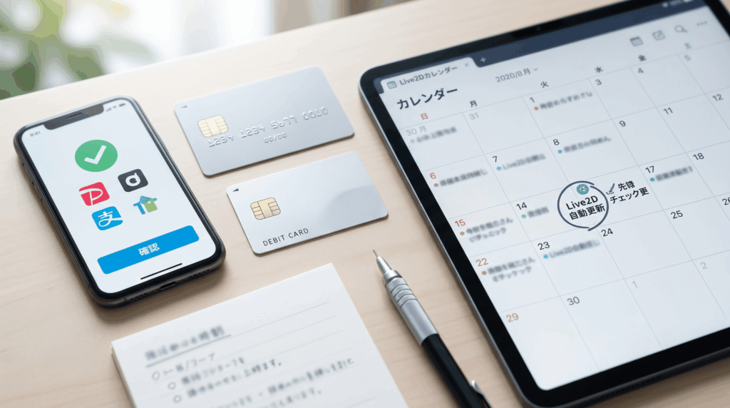 スマートフォンでのモバイル決済とクレジットカード、カレンダーアプリを使いLive2D PROライセンスの支払いと自動更新を管理する様子。