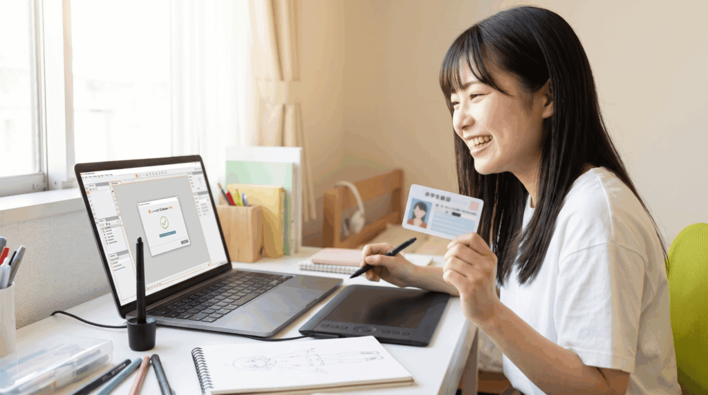 学生証を傍らに、学割プログラムでLive2D Cubism PROを導入し喜ぶ日本人学生クリエイター。