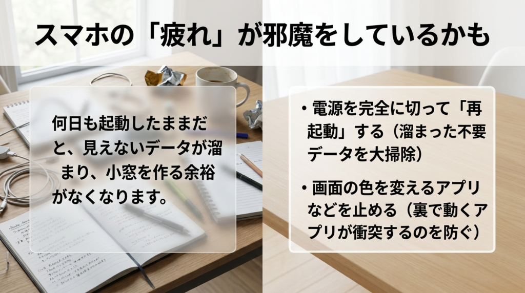 スマホを起動したまま使い続けると不要データが溜まり、再起動や画面フィルターアプリ停止が有効なことを説明したスライド