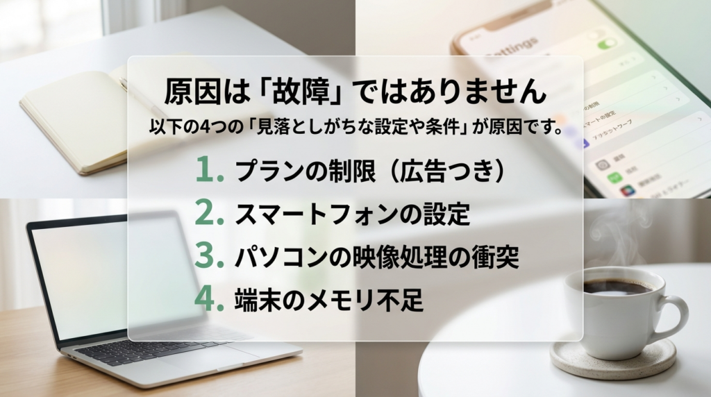 Netflixのピクチャインピクチャが使えない原因として、広告つきプラン、スマホ設定、PC映像処理、メモリ不足を整理したスライド