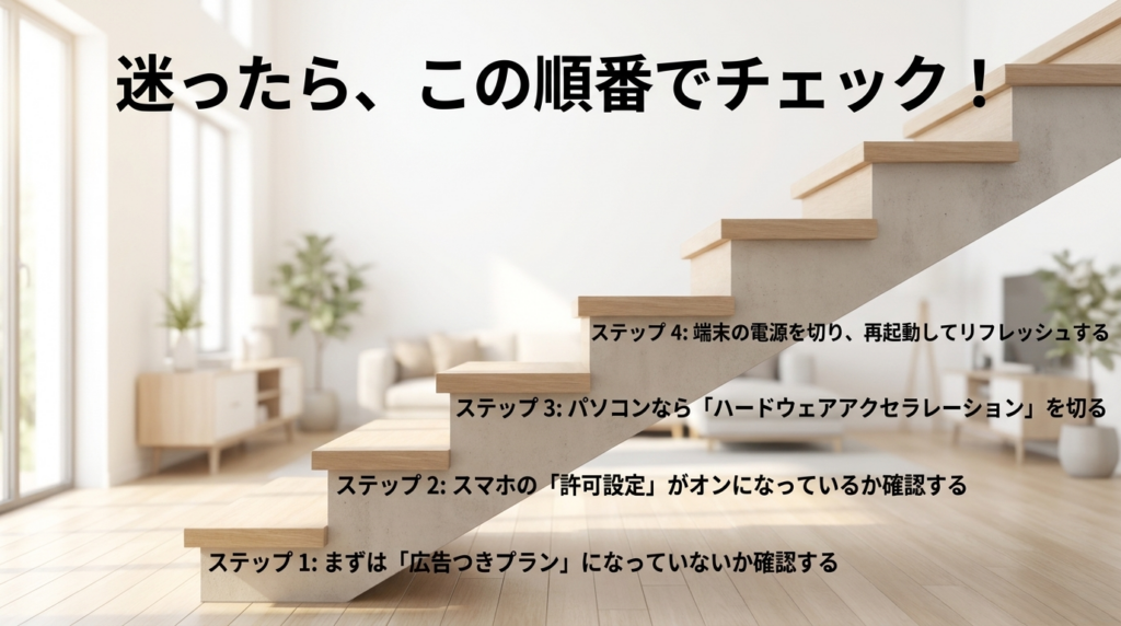 Netflixのピクチャインピクチャが使えない時に、プラン確認、スマホ許可設定、PC設定、再起動の順で確認するロードマップ