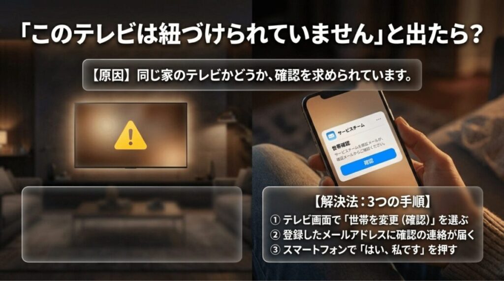 このテレビは紐づけられていませんと表示された場合に、スマートフォンで本人確認して解決する手順を説明するスライ