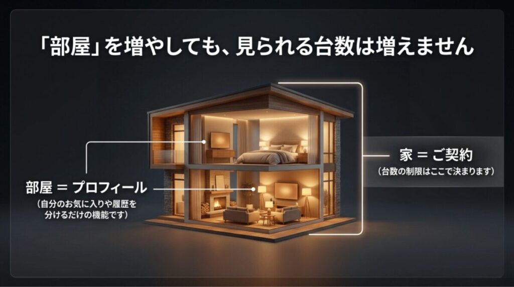 プロフィールは部屋、アカウントは家にたとえて、プロフィールを増やしても同時視聴台数は増えないことを説明するスライド