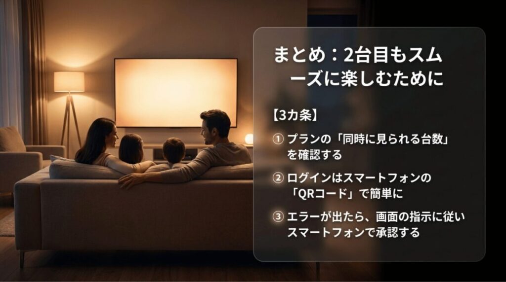 Netflixを2台目のテレビで楽しむために、同時視聴台数の確認、QRコードログイン、スマホ承認の3つをまとめたスライド